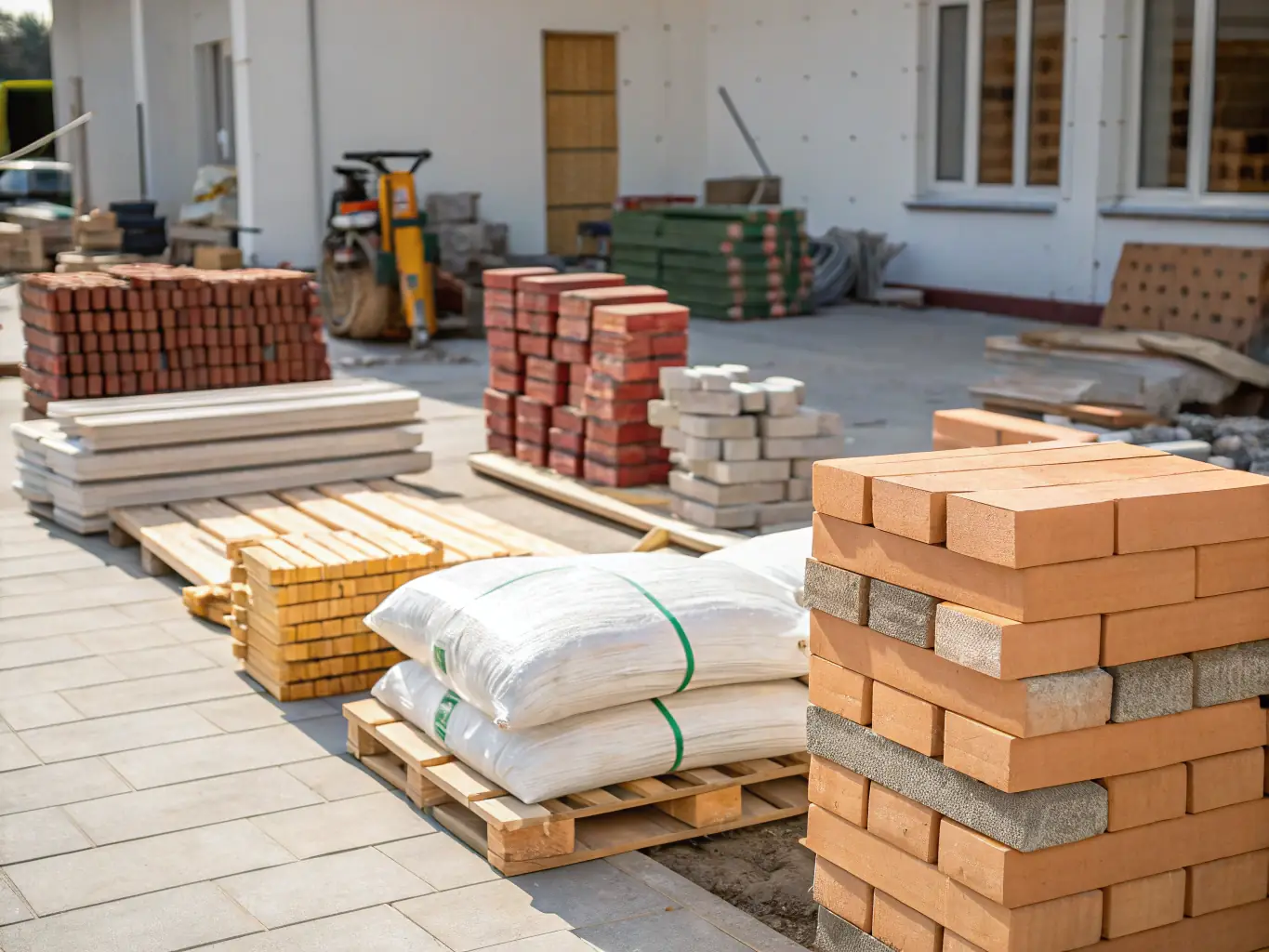 High-quality construction materials neatly stacked on a construction site, representing BTS CONSTRUCTION's commitment to using only the best resources.