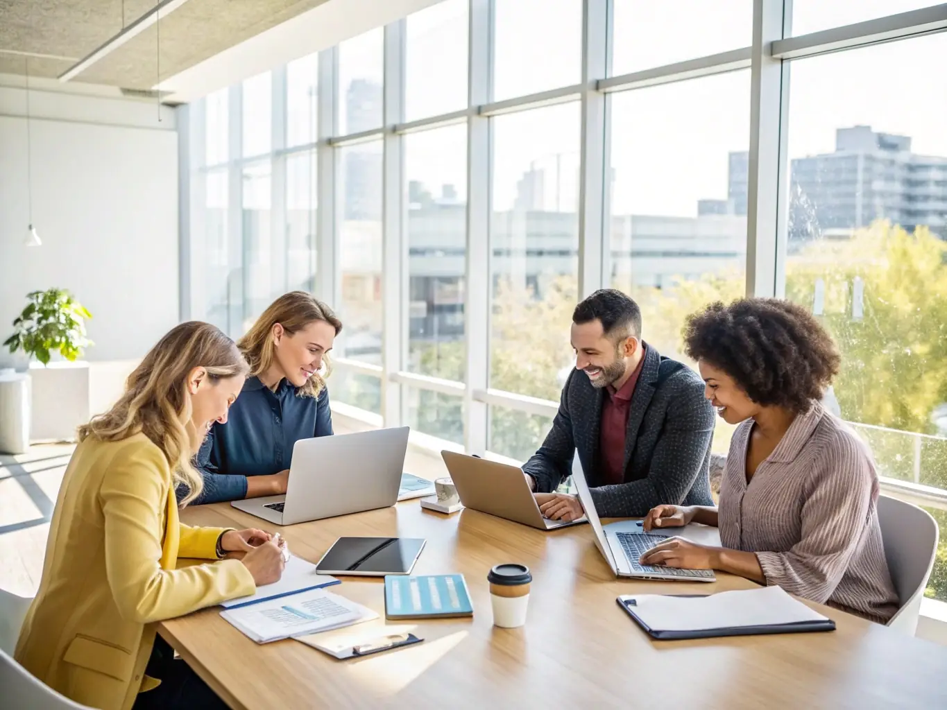 A diverse team of construction professionals collaborating on a project blueprint in a modern office setting, symbolizing expertise and teamwork at BTS CONSTRUCTION.