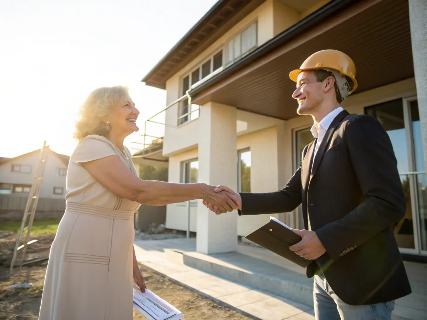 A satisfied client shaking hands with a BTS CONSTRUCTION project manager on a completed construction site, symbolizing customer satisfaction and successful project delivery.